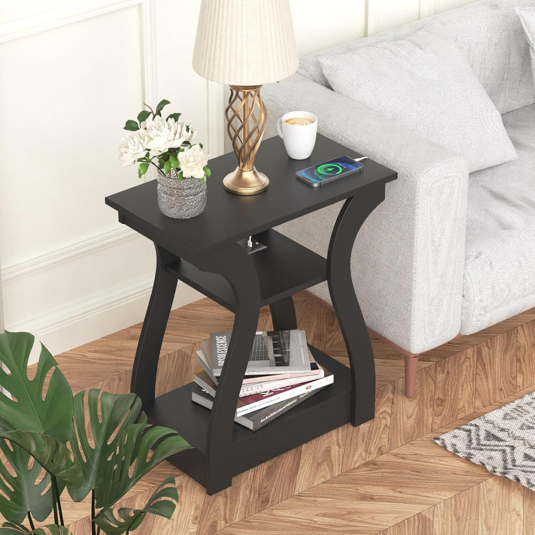 Contemporary End Table with Integrated Charging Station, USB Ports, and Outlets - 3 Tier Nightstand with Storage Shelf for Living Room or Bedroom (Black)