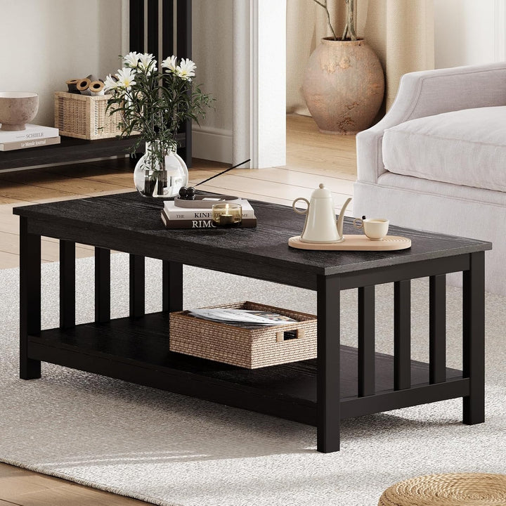 40" Black Wood Coffee Table with Shelf - Mission Style