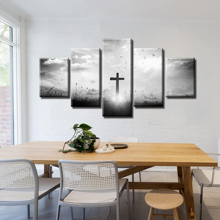 Christian Wall Art Set - Black and White Religious Jesus Cross Prints for Home Decor - 5 Piece, 60" x 32"