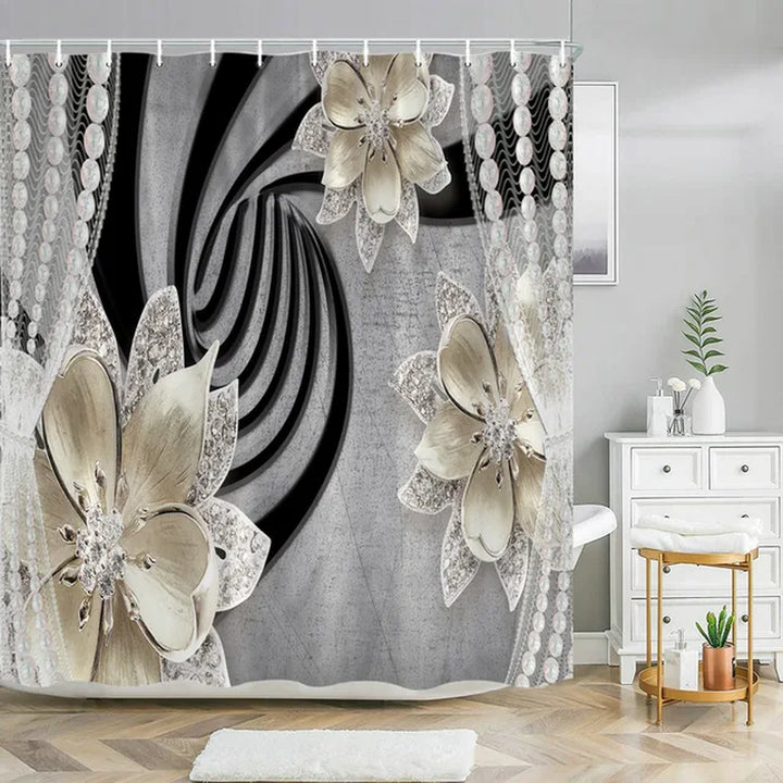 "White Floral 3D Style Shower Curtain Set with Bath Rug - Elegant Home Bathroom Decor"