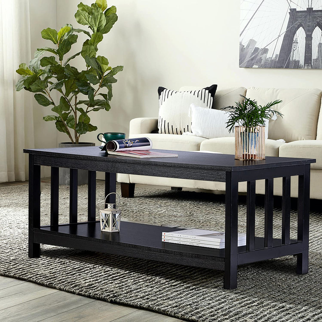 40" Black Wood Coffee Table with Shelf - Mission Style