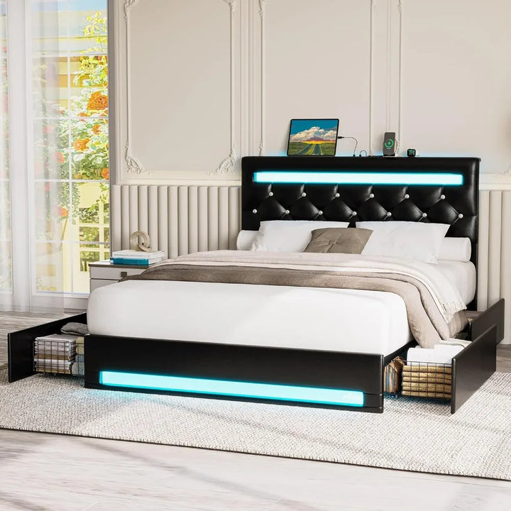 Luxurious Full Size Bed Frame with LED Light, PU Leather Platform, 4 Drawers, Adjustable Crystal Button Tufted Headboard