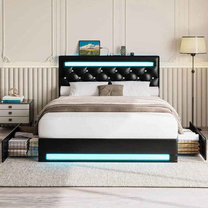 Luxurious Full Size Bed Frame with LED Light, PU Leather Platform, 4 Drawers, Adjustable Crystal Button Tufted Headboard