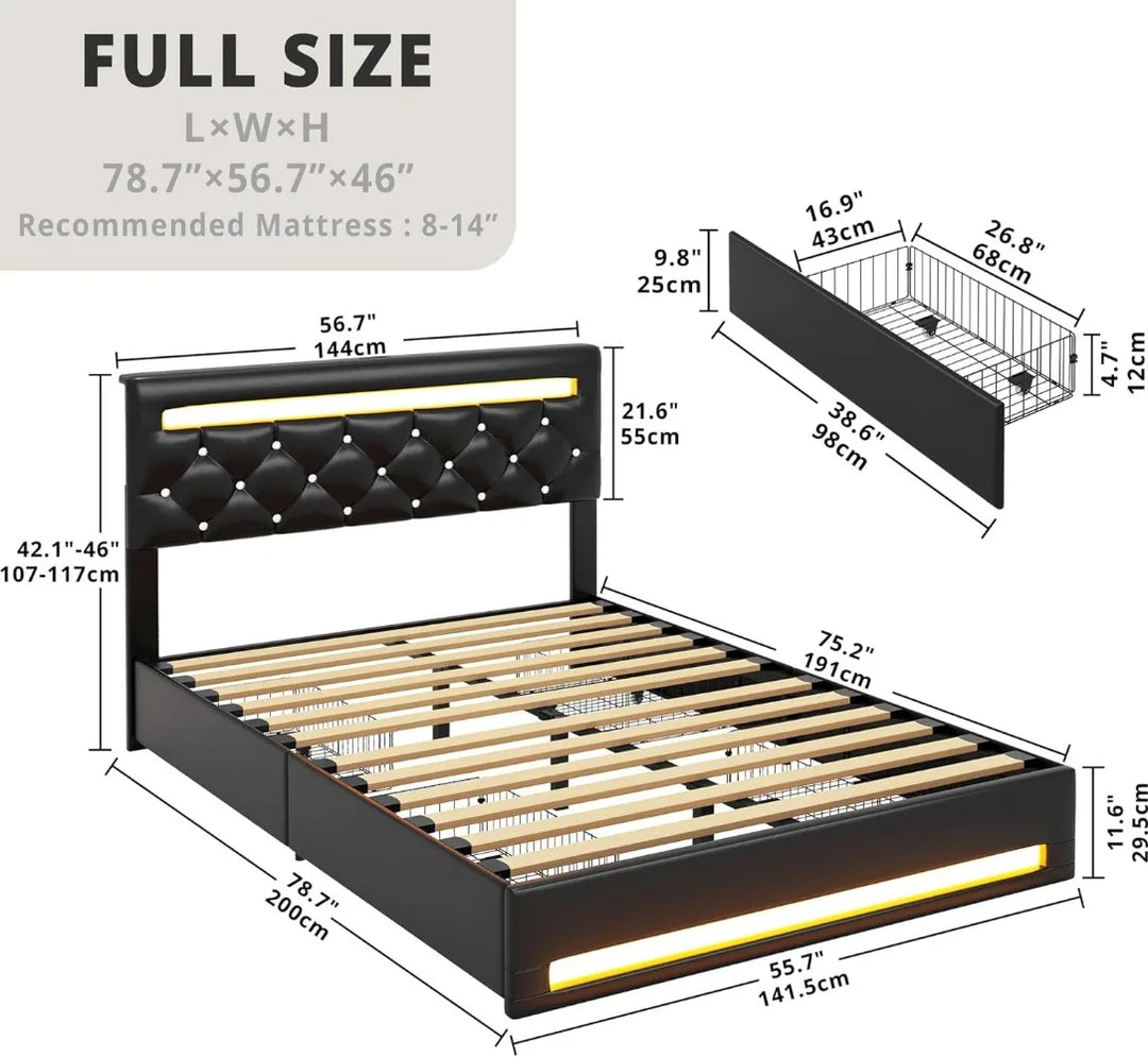 Luxurious Full Size Bed Frame with LED Light, PU Leather Platform, 4 Drawers, Adjustable Crystal Button Tufted Headboard