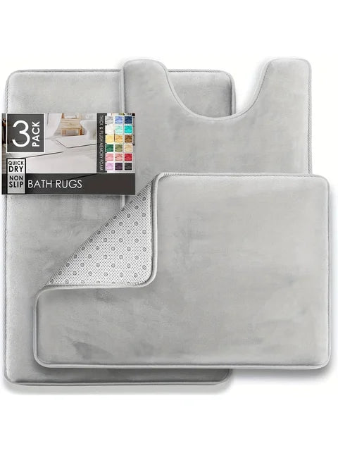 3-Piece Velvet Memory Foam Bathroom Rugs Set with Non-Slip Backing - Machine Washable and Quick Drying - Ultra Soft Mats for Bedroom and Kitchen