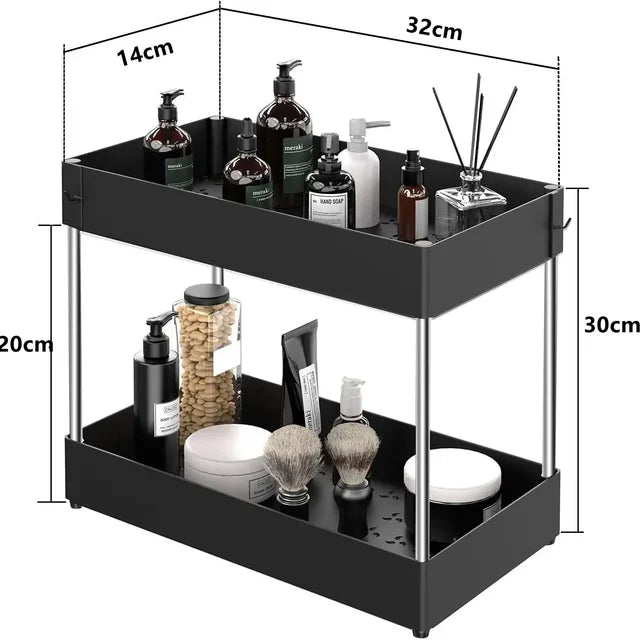 Under Sink 2 Tier Sliding Cabinet Basket Organizer with Hooks and Cup Holder