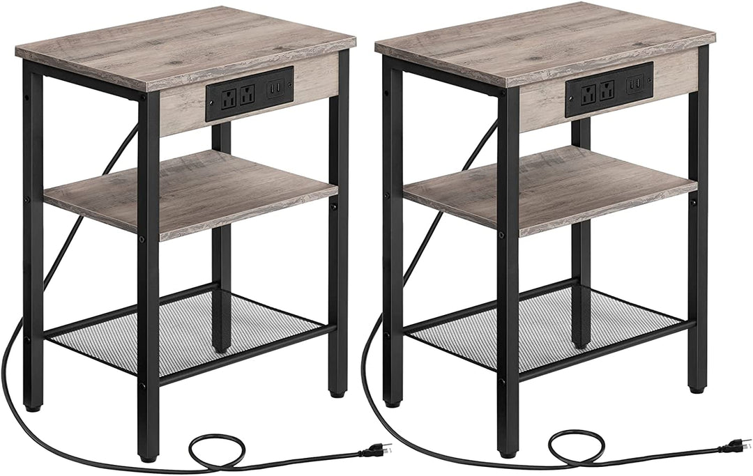 3-Tier Rustic Brown End Table with Charging Station, USB Ports, and Adjustable Shelf