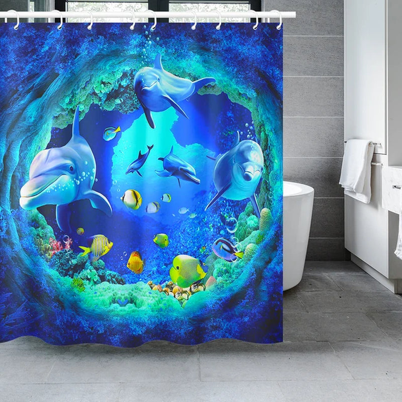 Blue Underwater World Marine Life Shower Curtain Set with 12 Hooks - Kids Ocean Theme Bathroom Decor