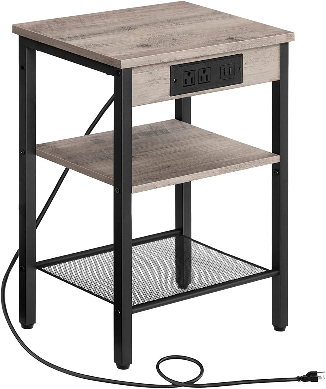 3-Tier Rustic Brown End Table with Charging Station, USB Ports, and Adjustable Shelf