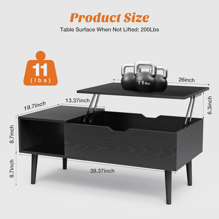  Lift Top Coffee Table with Storage Shelf and Concealed Compartment - Black