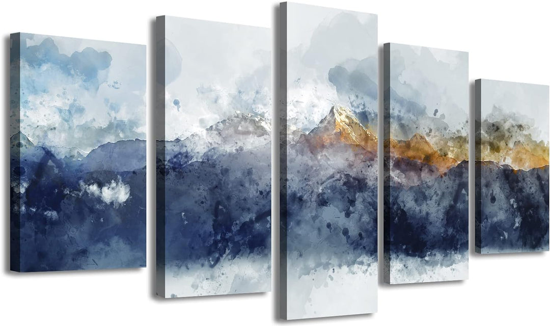 Modern Abstract Navy Blue Mountains Wall Art - 5 Piece Canvas Set for Bedroom and Living Room