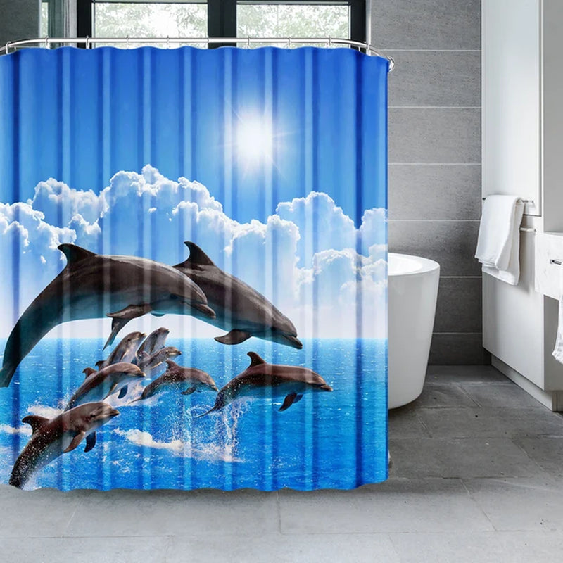 Blue Underwater World Marine Life Shower Curtain Set with 12 Hooks - Kids Ocean Theme Bathroom Decor