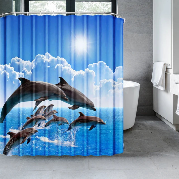 Blue Underwater World Marine Life Shower Curtain Set with 12 Hooks - Kids Ocean Theme Bathroom Decor