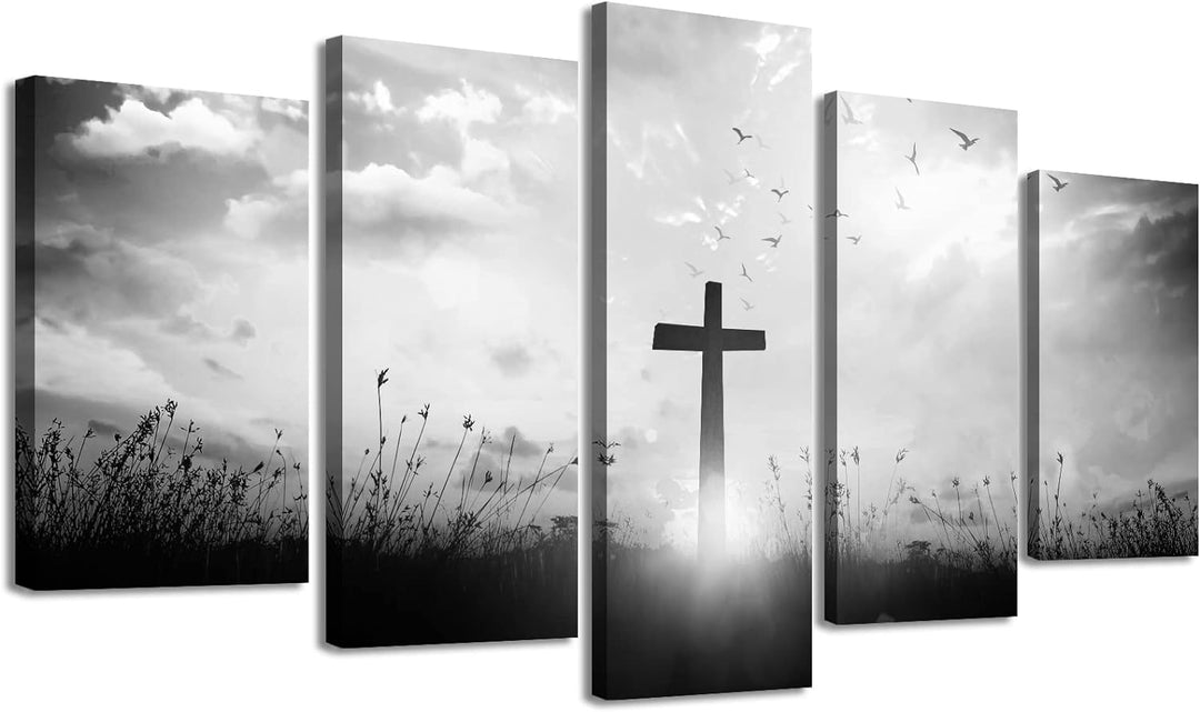 Christian Wall Art Set - Black and White Religious Jesus Cross Prints for Home Decor - 5 Piece, 60" x 32"