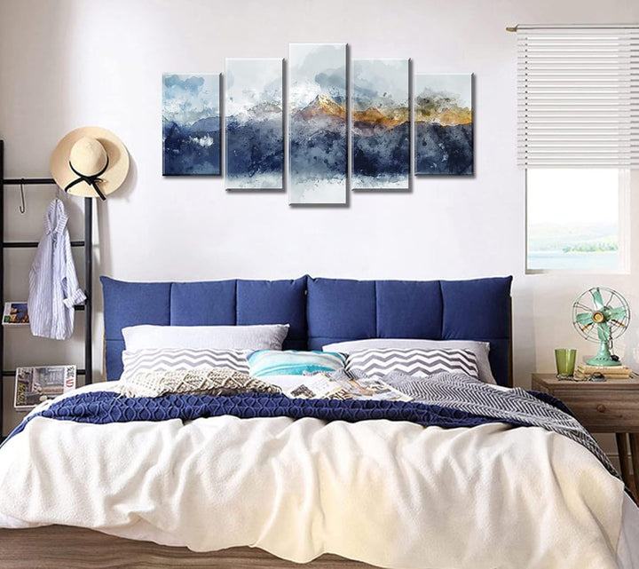 Modern Abstract Navy Blue Mountains Wall Art - 5 Piece Canvas Set for Bedroom and Living Room