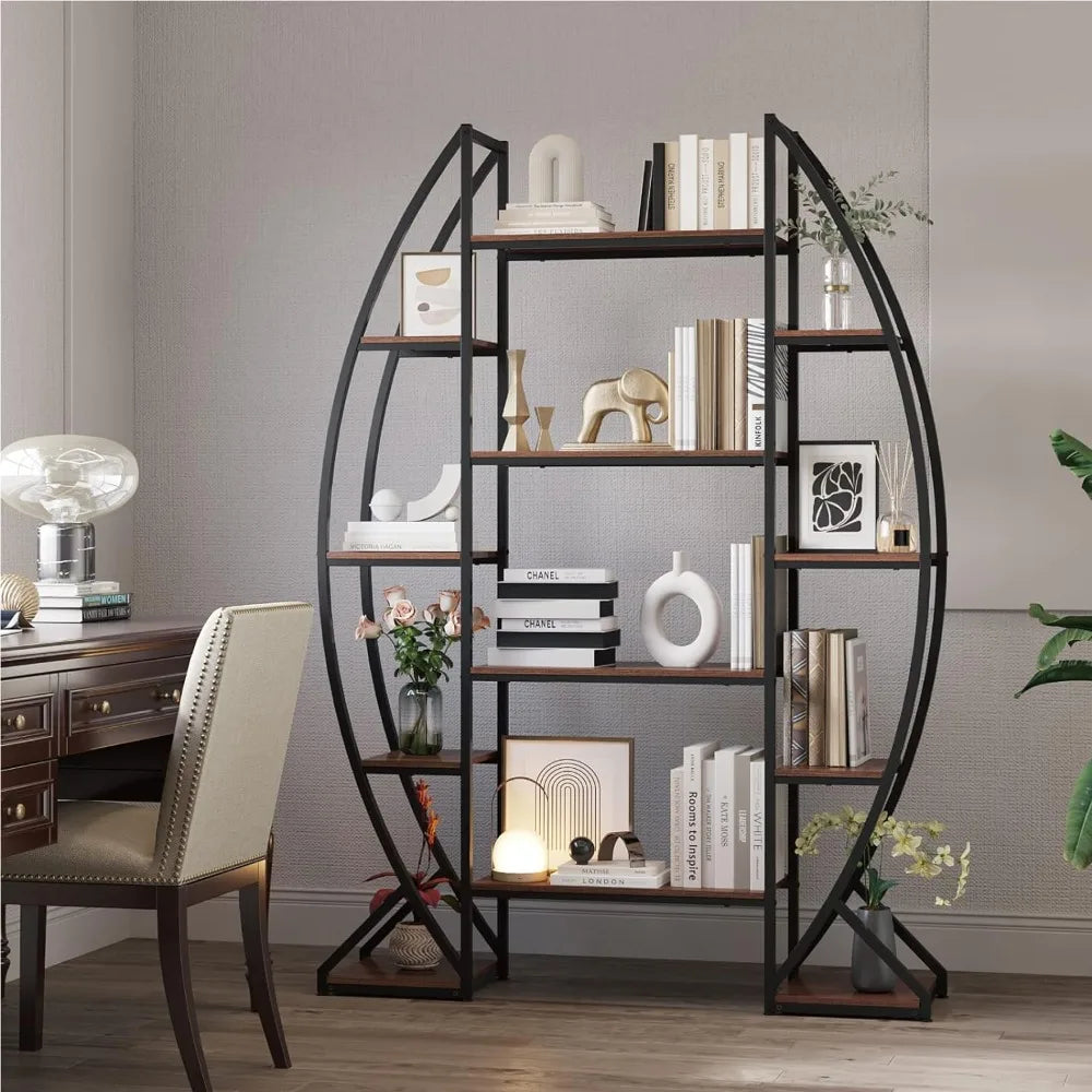 "5-Tier Oval Industrial Bookshelf with Free-Standing Design for Books, Farmhouse Wood and Metal Display"