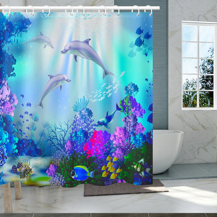 Blue Underwater World Marine Life Shower Curtain Set with 12 Hooks - Kids Ocean Theme Bathroom Decor