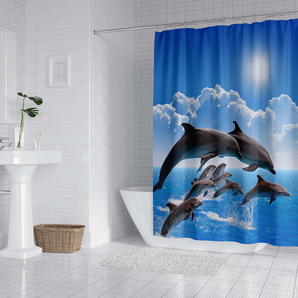 Blue Underwater World Marine Life Shower Curtain Set with 12 Hooks - Kids Ocean Theme Bathroom Decor