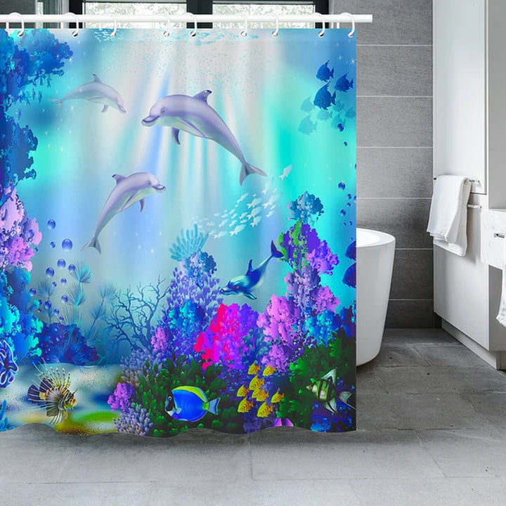 Blue Underwater World Marine Life Shower Curtain Set with 12 Hooks - Kids Ocean Theme Bathroom Decor