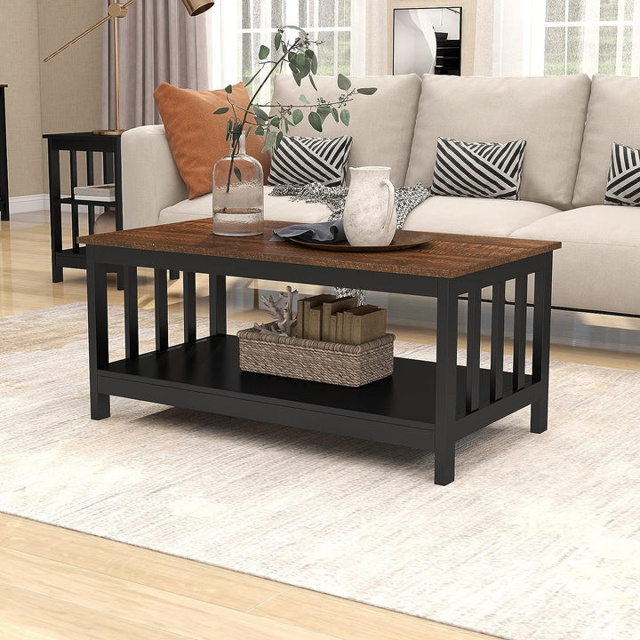 40" Black Wood Coffee Table with Shelf - Mission Style