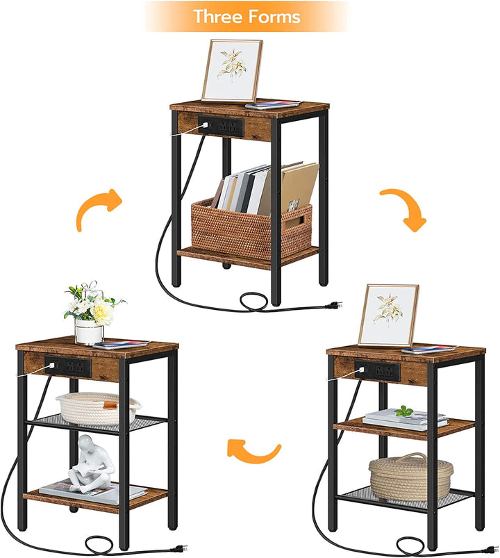 3-Tier Rustic Brown End Table with Charging Station, USB Ports, and Adjustable Shelf