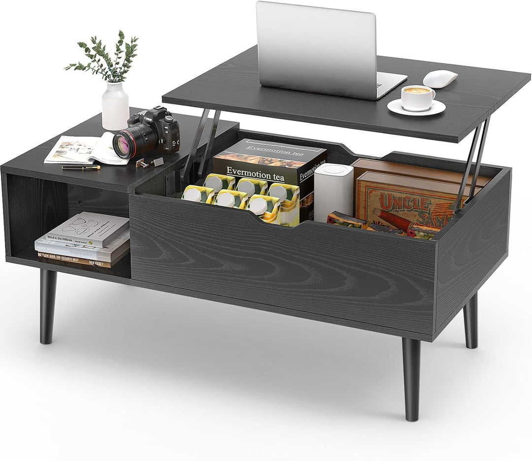  Lift Top Coffee Table with Storage Shelf and Concealed Compartment - Black