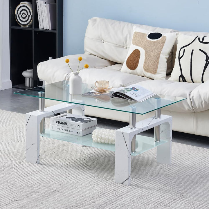 Rectangular Coffee Table with Glass Tabletop and Wooden Legs