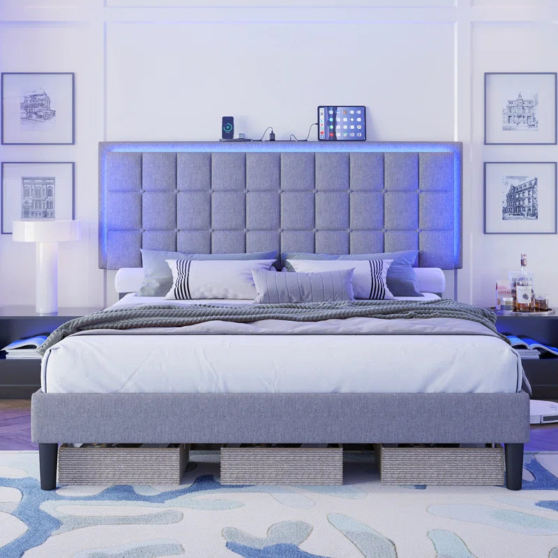 Button Tufted Platform Bed Frame with LED Lights by Berdean