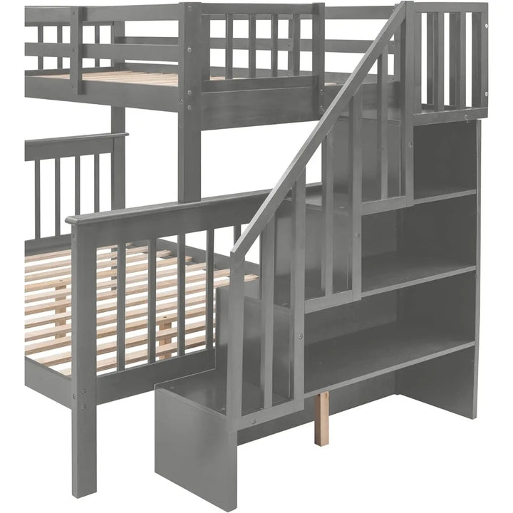 Solid Wood Twin over Full Bunk Bed with Stairway and Storage Drawers