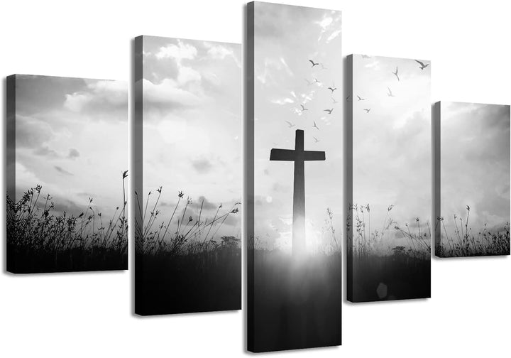 Christian Wall Art Set - Black and White Religious Jesus Cross Prints for Home Decor - 5 Piece, 60" x 32"