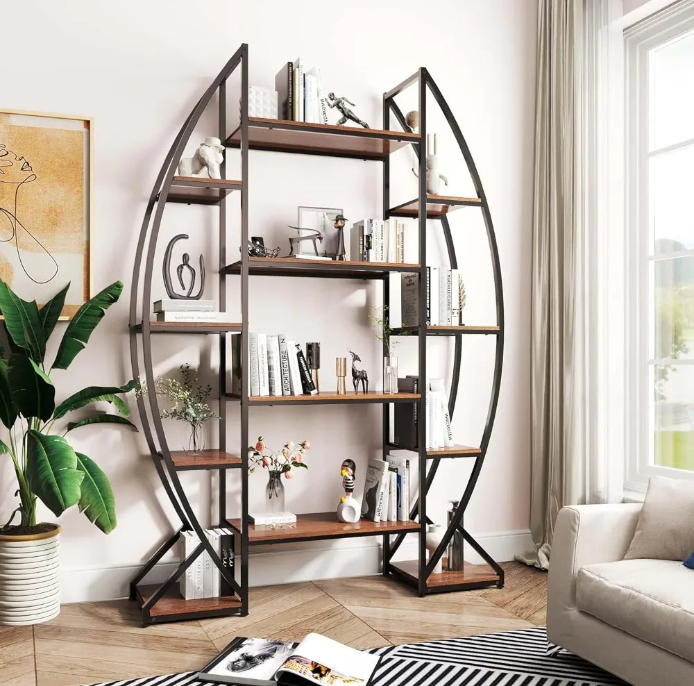 "5-Tier Oval Industrial Bookshelf with Free-Standing Design for Books, Farmhouse Wood and Metal Display"