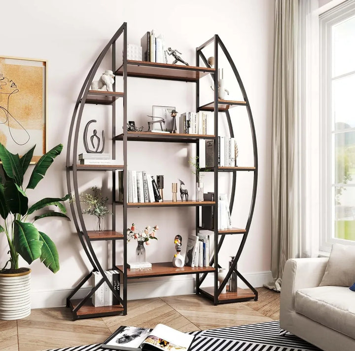 "5-Tier Oval Industrial Bookshelf with Free-Standing Design for Books, Farmhouse Wood and Metal Display"