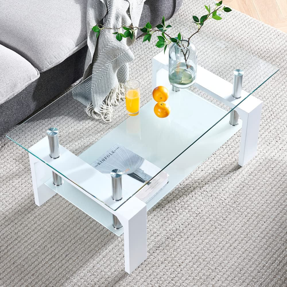 Rectangular Coffee Table with Glass Tabletop and Wooden Legs